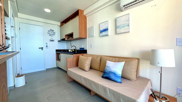 Studio para casais com varanda e vista mar