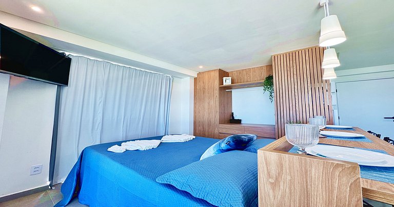 Studio para casais com varanda e vista mar