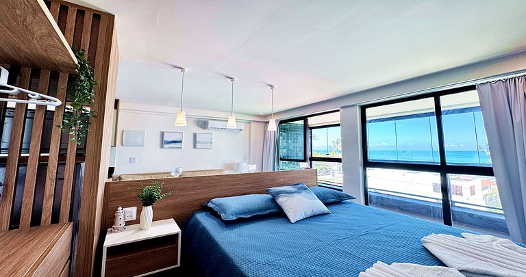 Studio para casais com varanda e vista mar